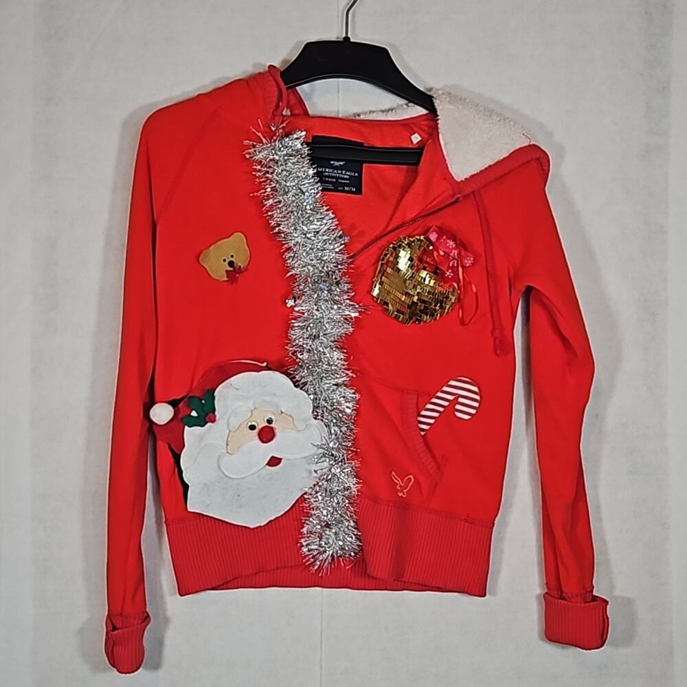 American Eagle Ugly Christmas Sweater M Red Cozy Fleece Tinsel Santa Rare